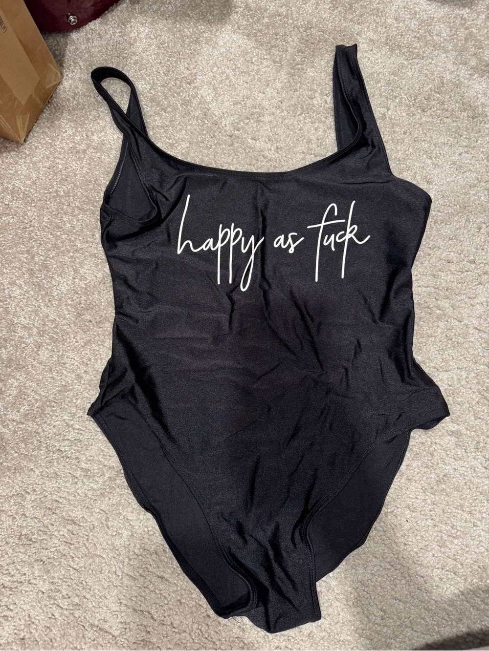 Black One-Piece Swimsuit with White Script “Happy as F”